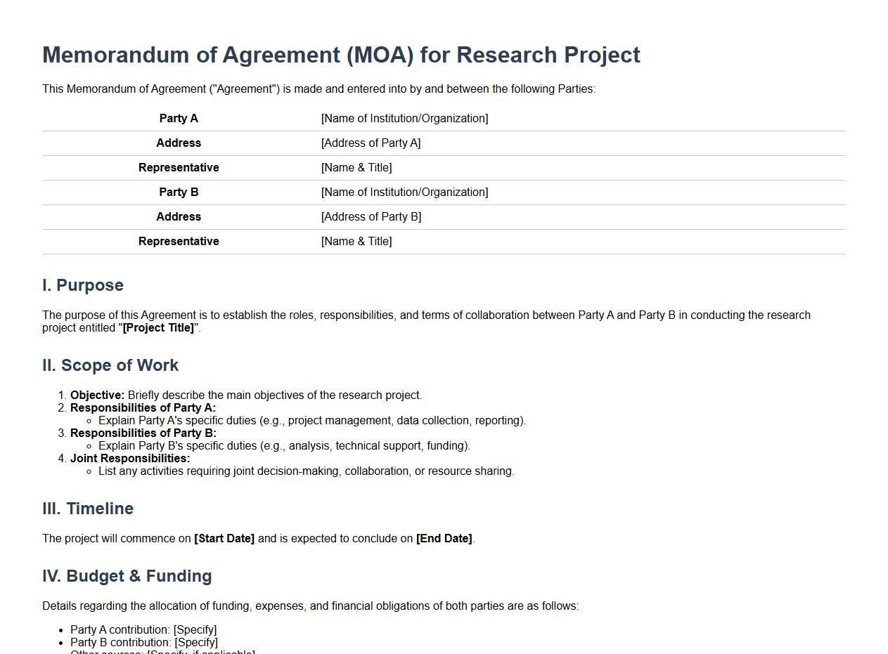 Memorandum of agreement form sample for research project image preview