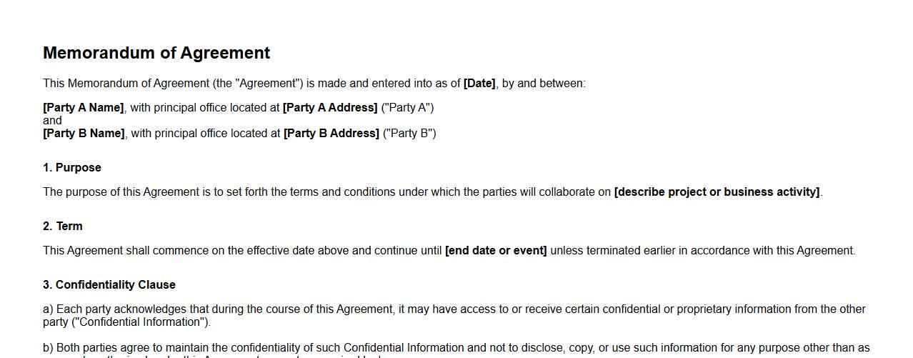 Memorandum of agreement form sample specifying confidentiality clause image preview