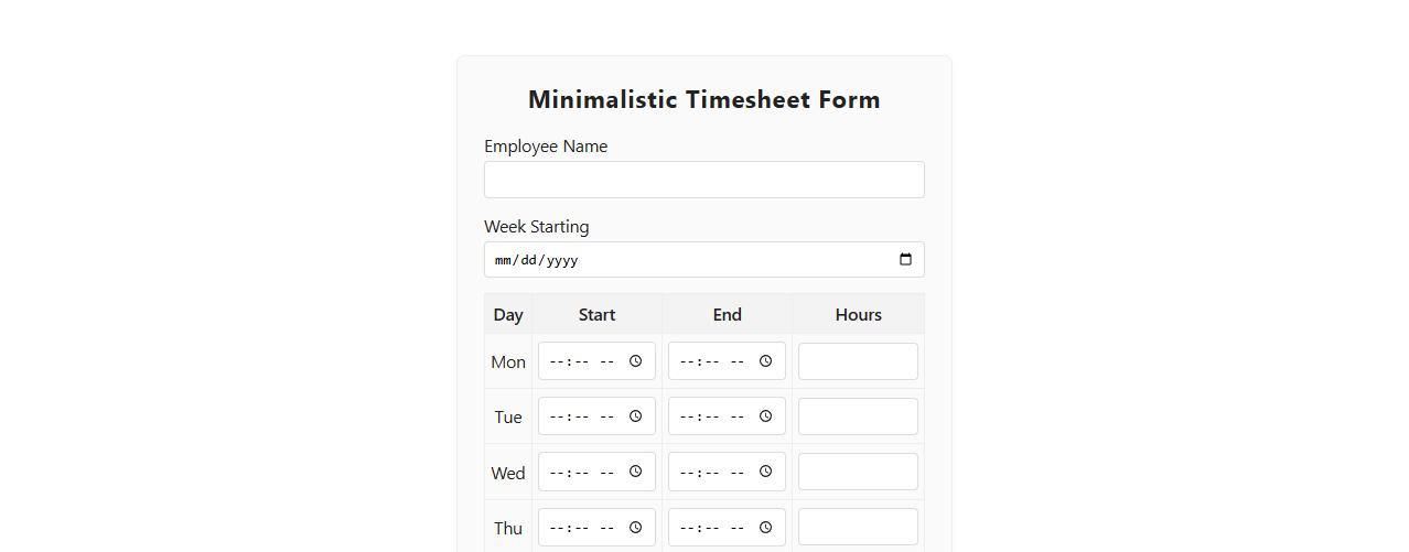 minimalistic simple timesheet form sample template image preview
