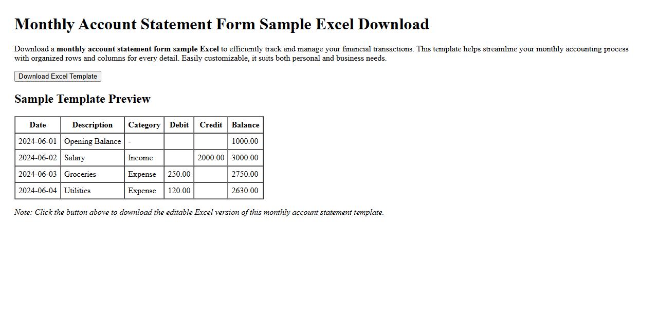 monthly account statement form sample excel download image preview