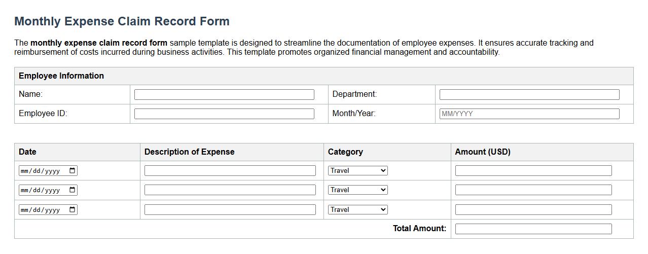 monthly expense claim record form sample template image preview