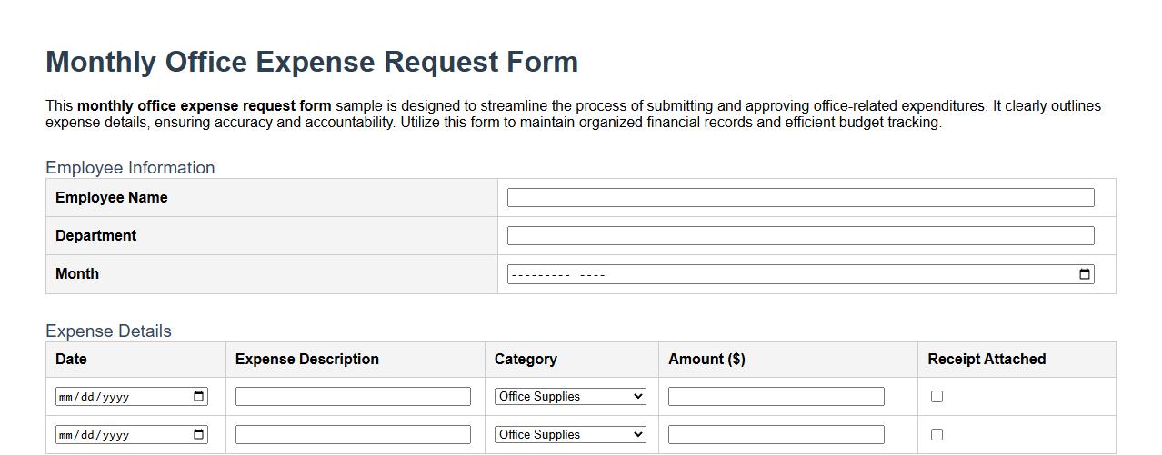 Monthly office expense request form sample image preview