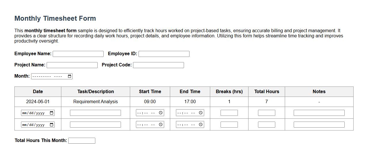 Monthly timesheet form sample for project-based work image preview
