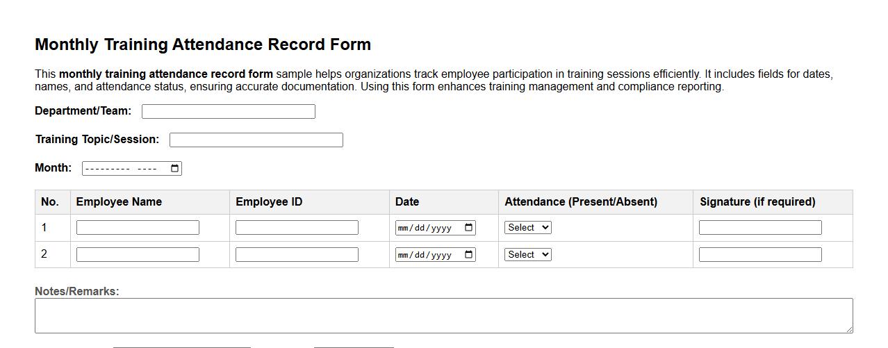 Monthly training attendance record form sample image preview