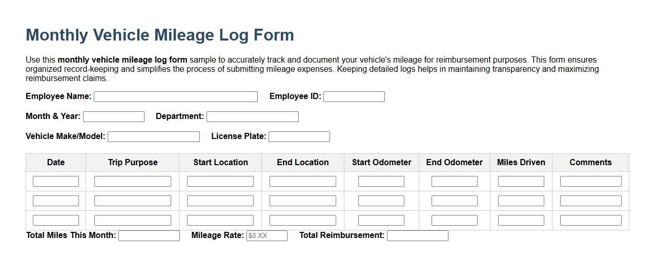 Monthly vehicle mileage log form sample for reimbursement image preview