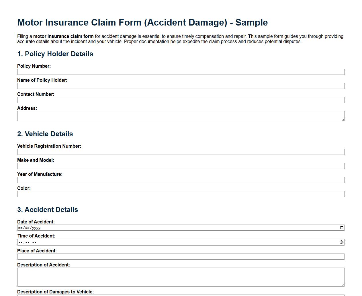 Motor insurance claim form sample for accident damage image preview