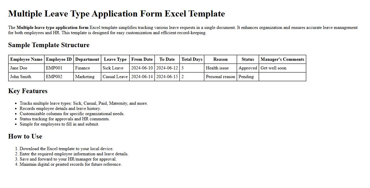 Multiple leave type application form Excel template image preview