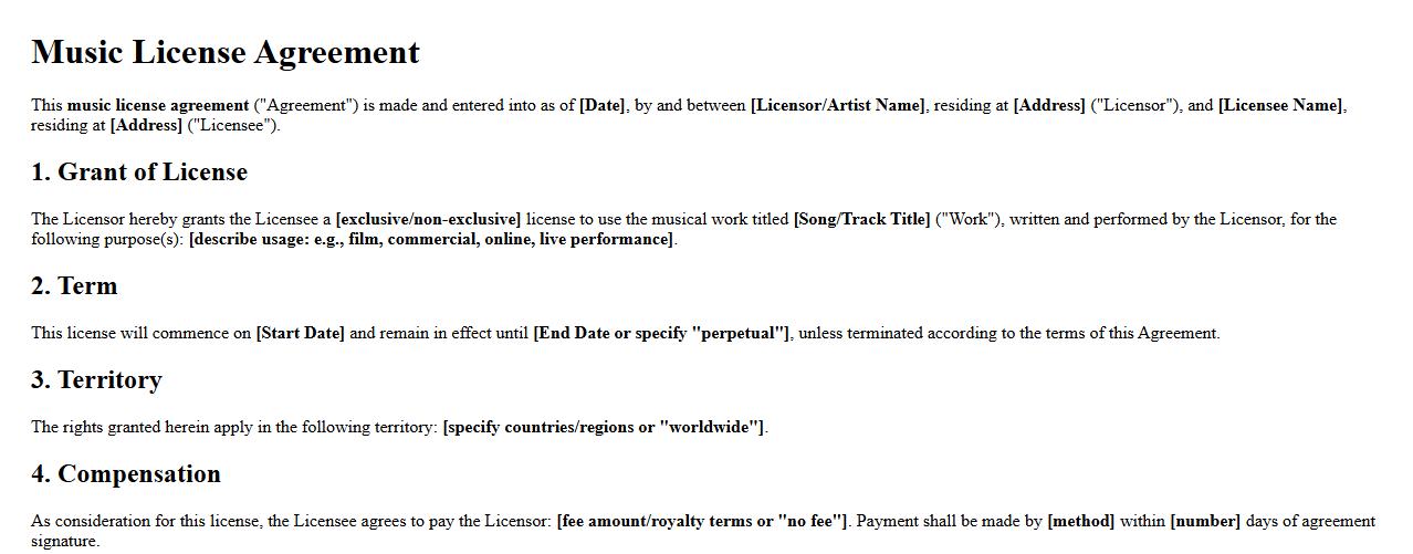 Music license agreement form sample for artists image preview
