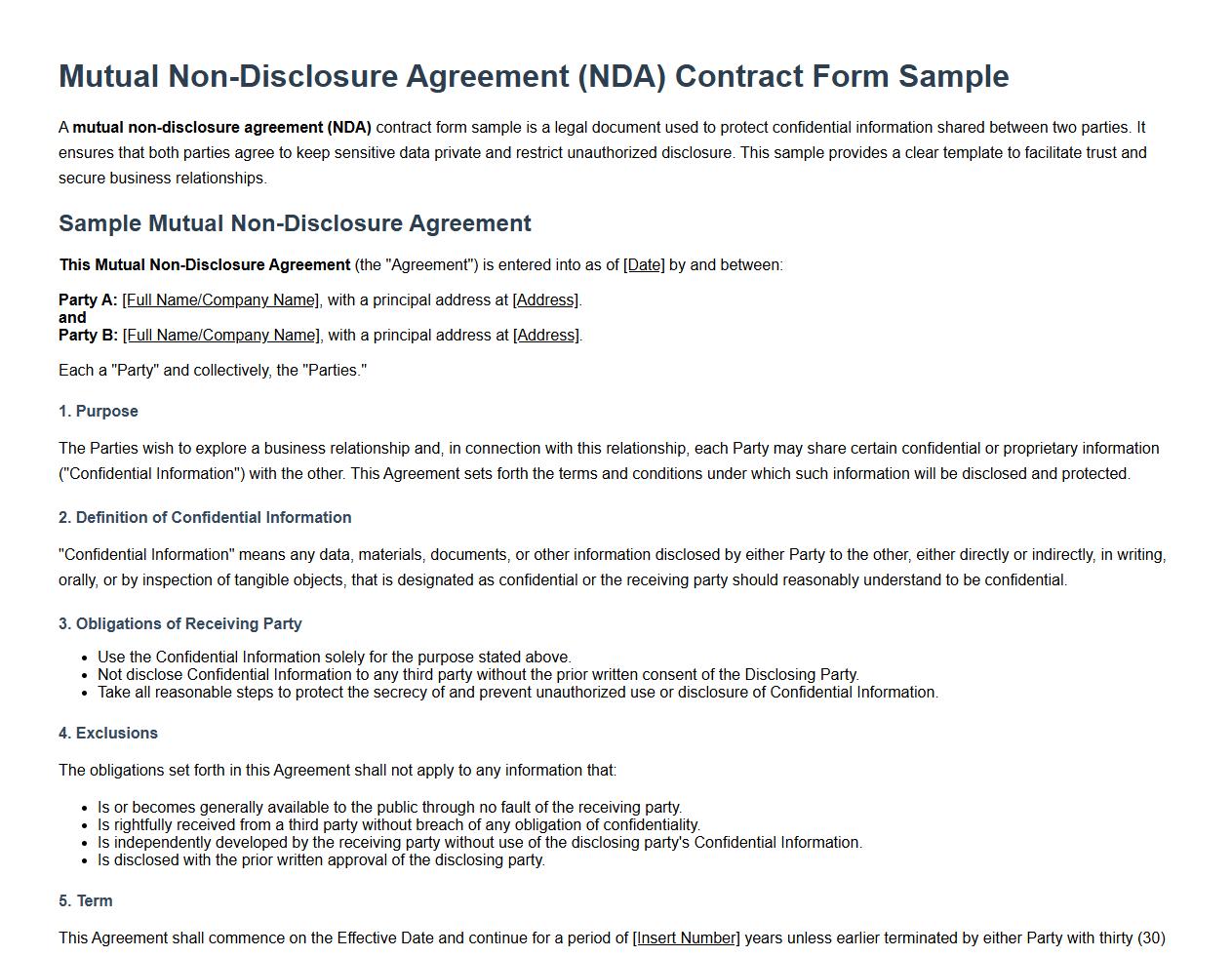 mutual non-disclosure agreement (NDA) contract form sample image preview