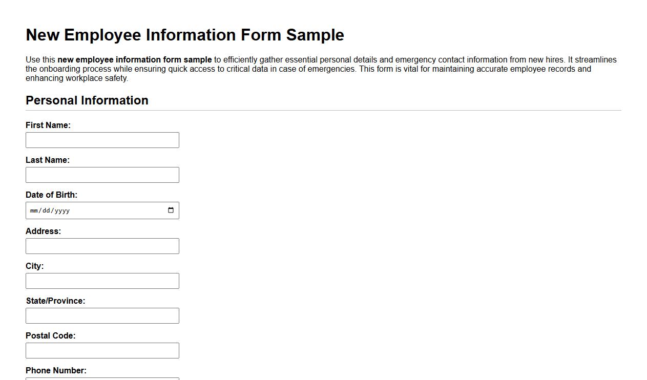 new employee information form sample with emergency contact image preview