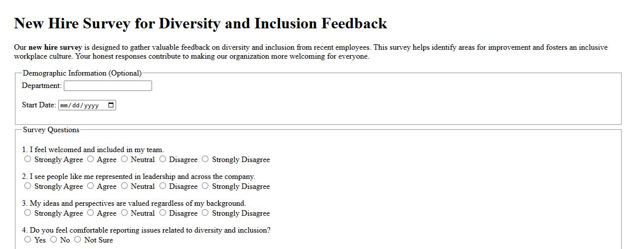 New hire survey for diversity and inclusion feedback image preview