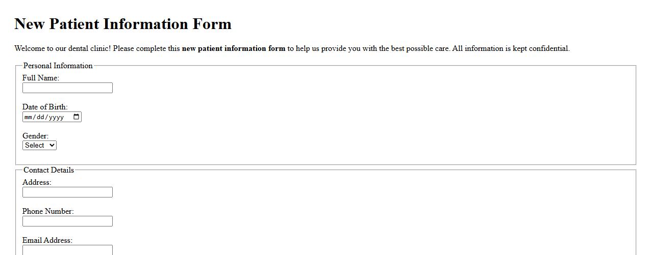 New patient information form sample for dental clinic image preview