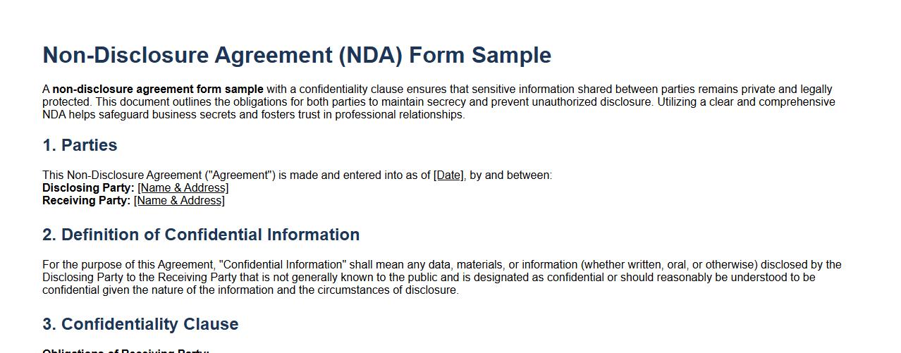 non-disclosure agreement form sample with confidentiality clause image preview