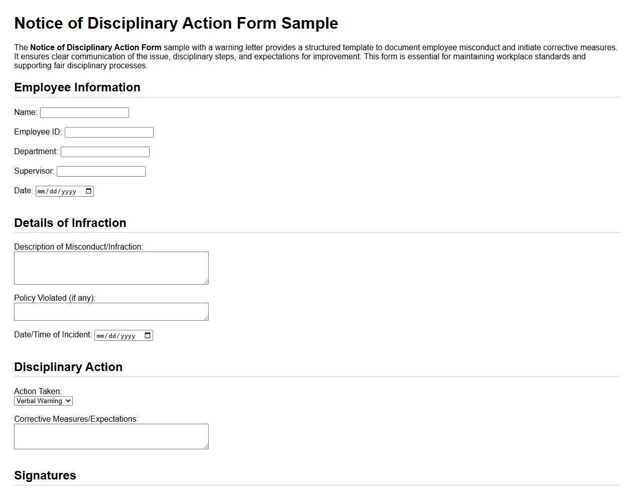 Notice of Disciplinary Action Form sample with warning letter image preview