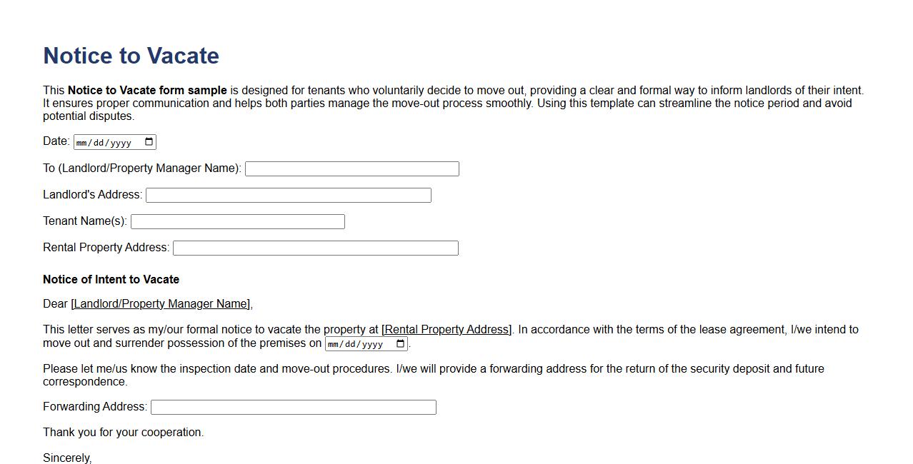 Notice to vacate form sample for tenant’s voluntary move-out image preview