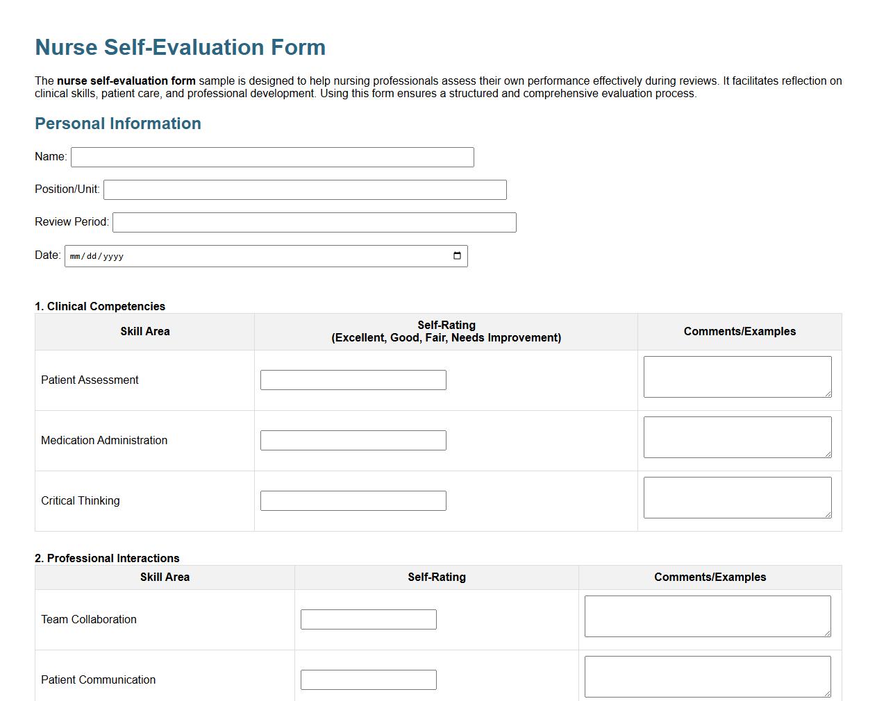 Nurse self-evaluation form sample for performance review image preview