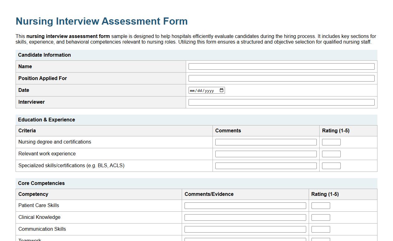 Nursing interview assessment form sample for hospital hiring image preview
