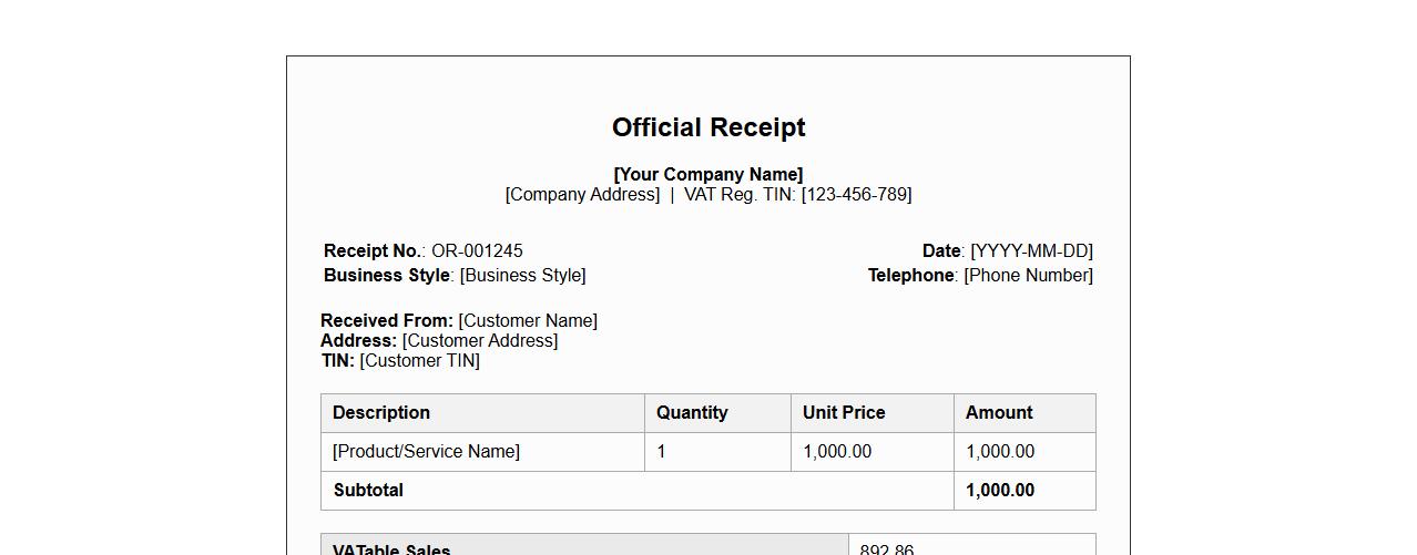 official receipt form sample with VAT details image preview