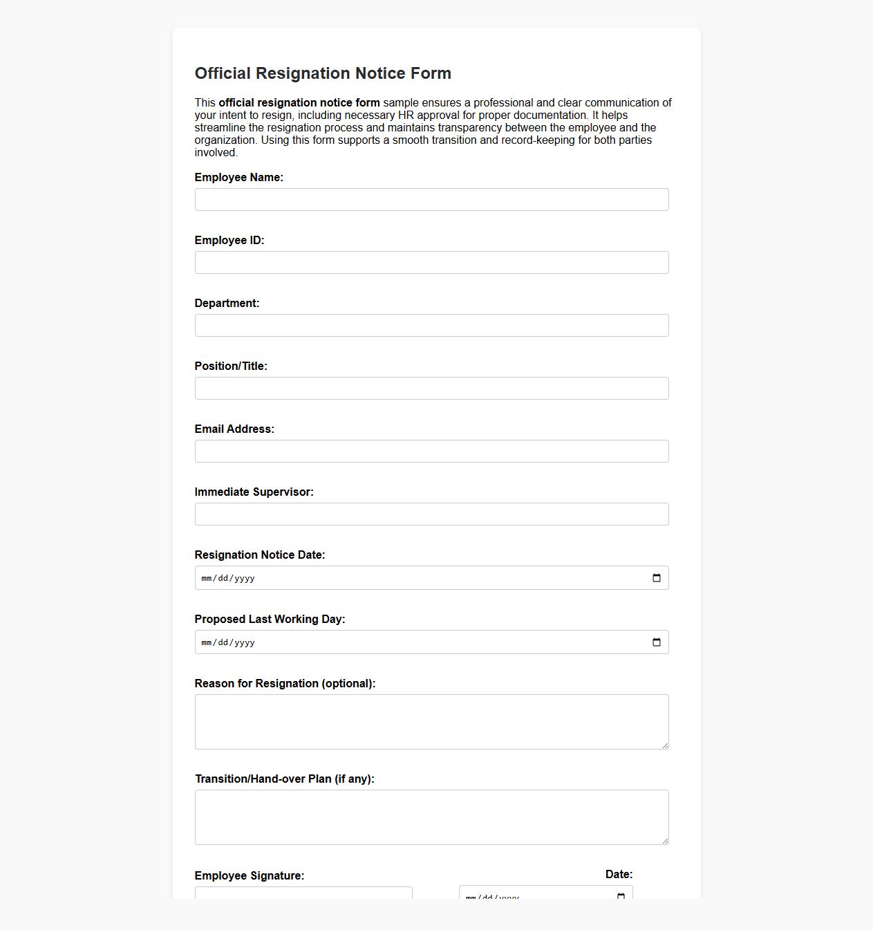 Official resignation notice form sample with HR approval image preview