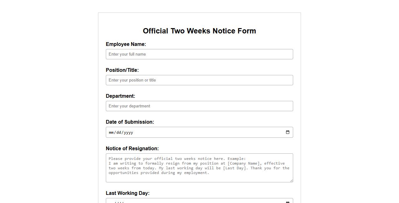 official two weeks notice form sample for employers image preview