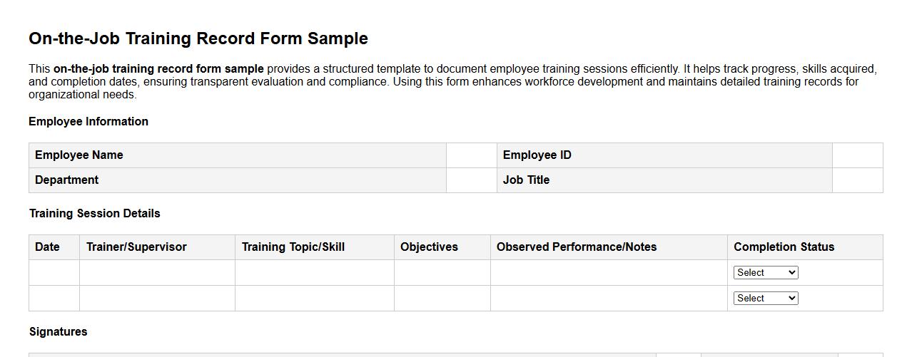 on-the-job training record form sample image preview