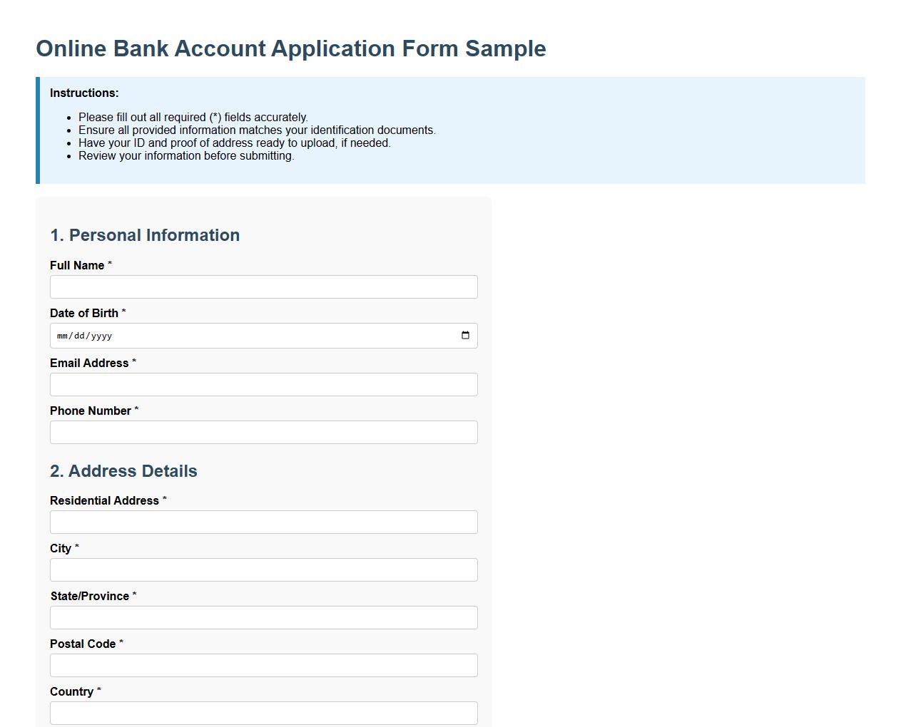 online bank account application form sample with instructions image preview