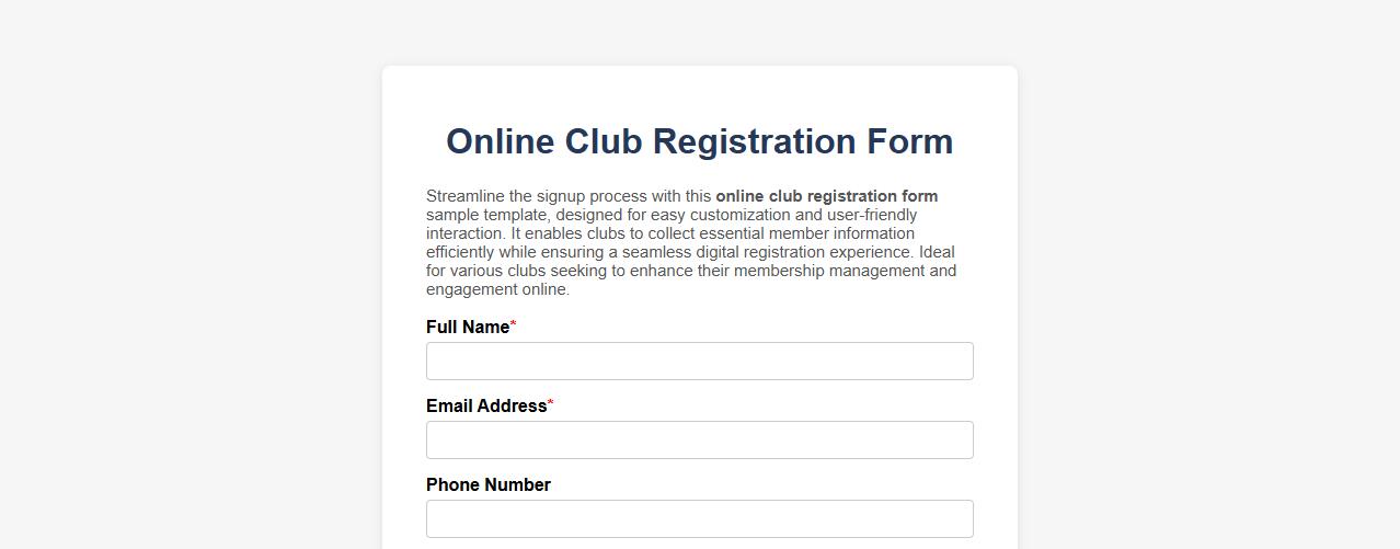 Online club registration form sample template image preview