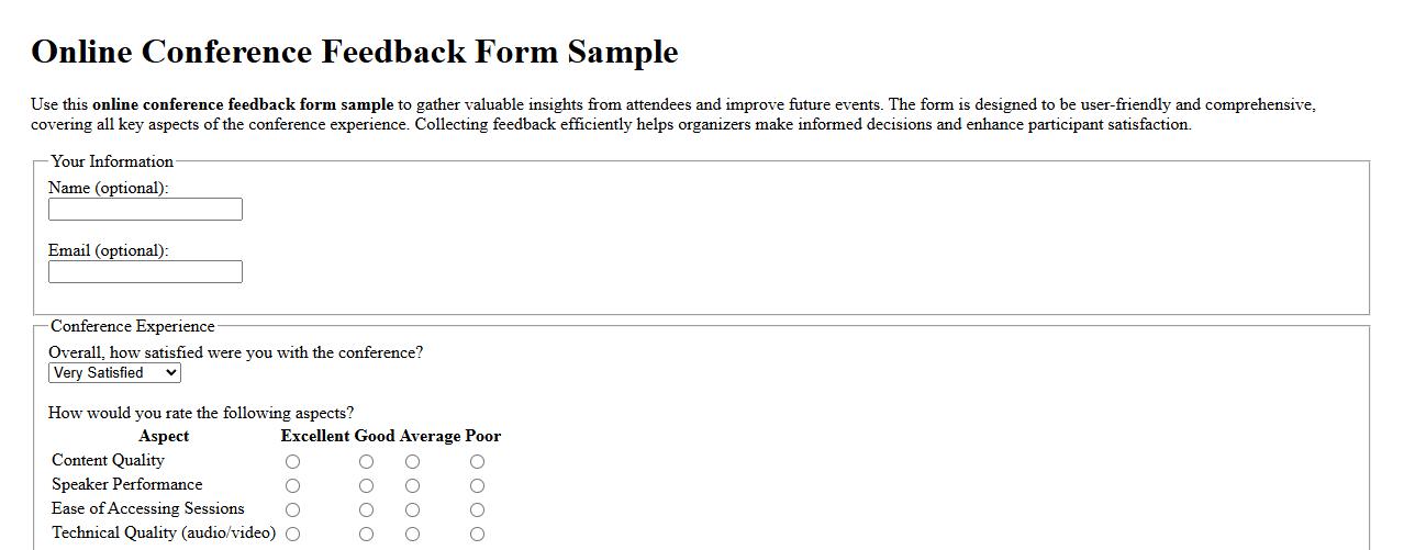 Online conference feedback form sample image preview