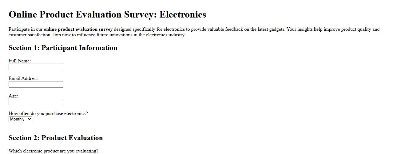 online product evaluation survey sample for electronics image preview