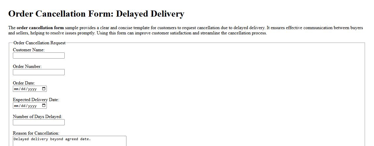Order cancellation form sample due to delayed delivery image preview