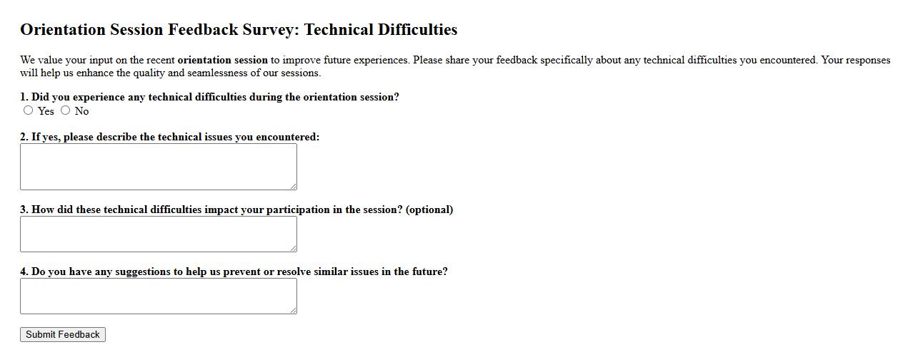 Orientation session feedback survey regarding technical difficulties image preview