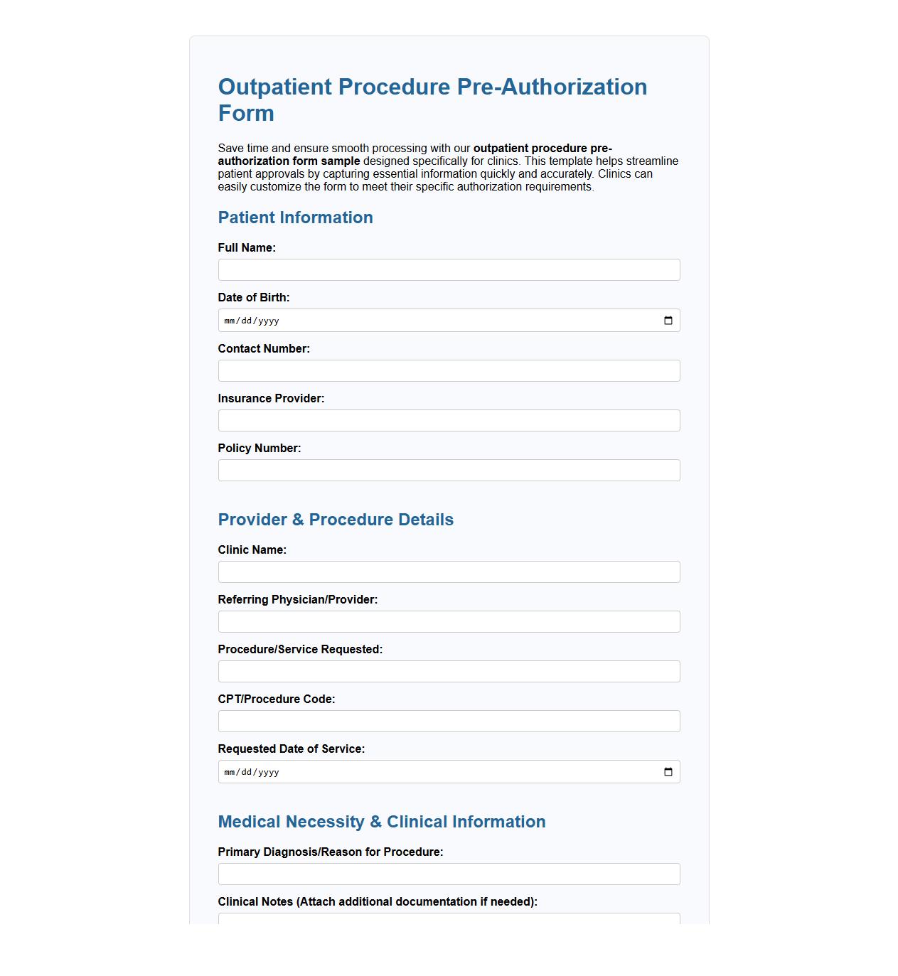 outpatient procedure pre-authorization form sample for clinics image preview