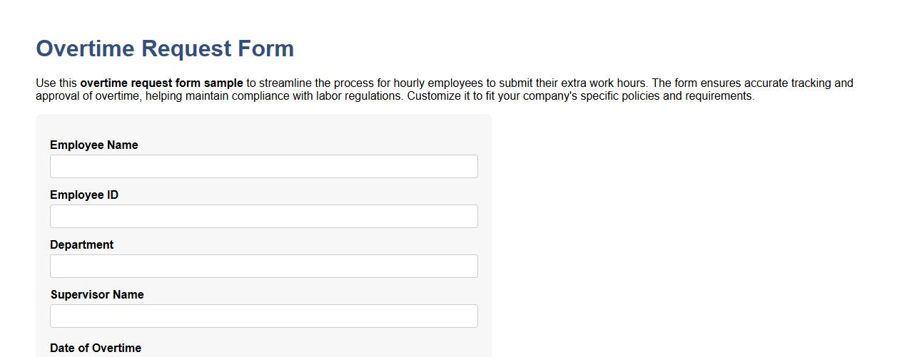 Overtime request form sample for hourly employees image preview
