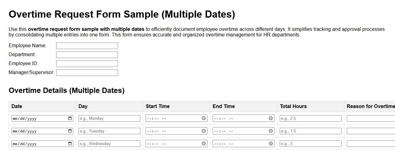 Overtime request form sample with multiple dates image preview