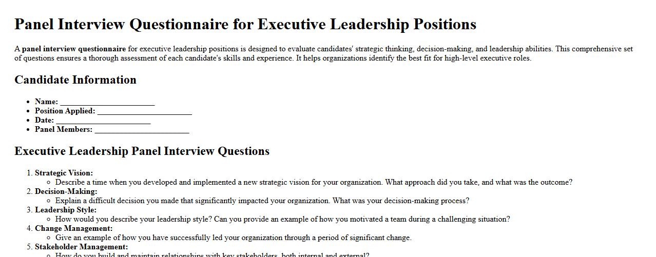Panel interview questionnaire for executive leadership positions image preview