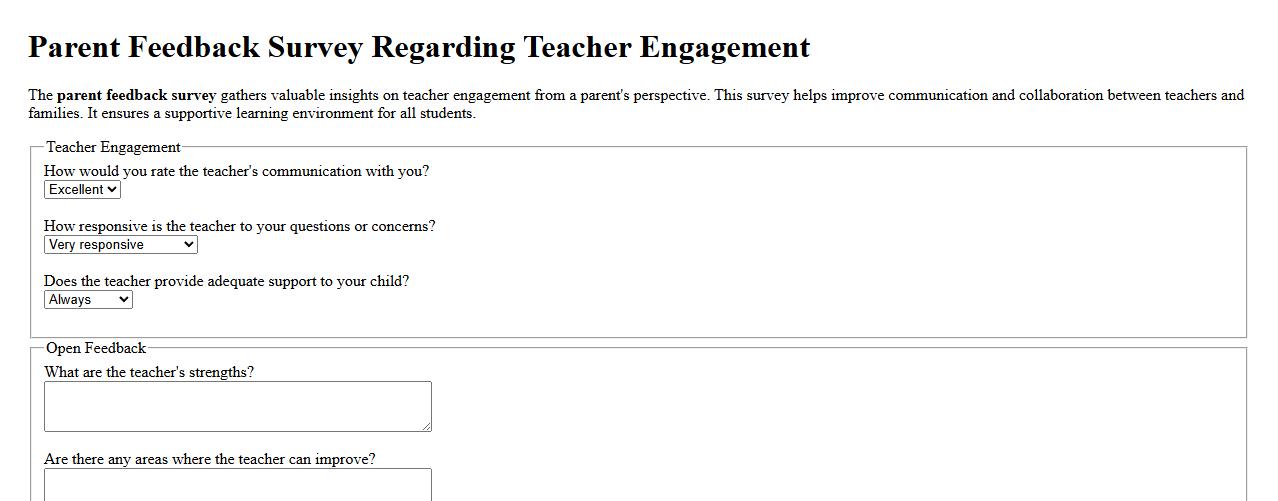 Parent feedback survey regarding teacher engagement image preview