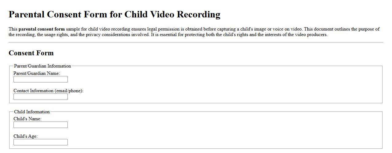 Parental consent form sample for child video recording image preview