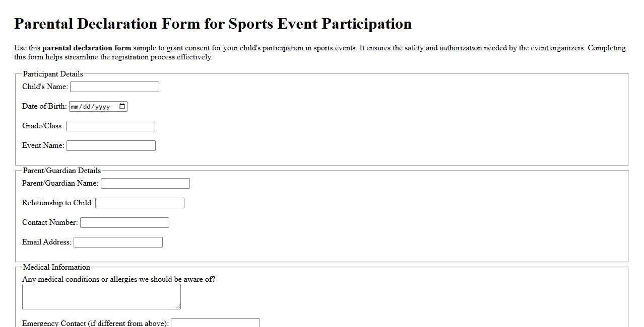 Parental declaration form sample for sports event participation image preview