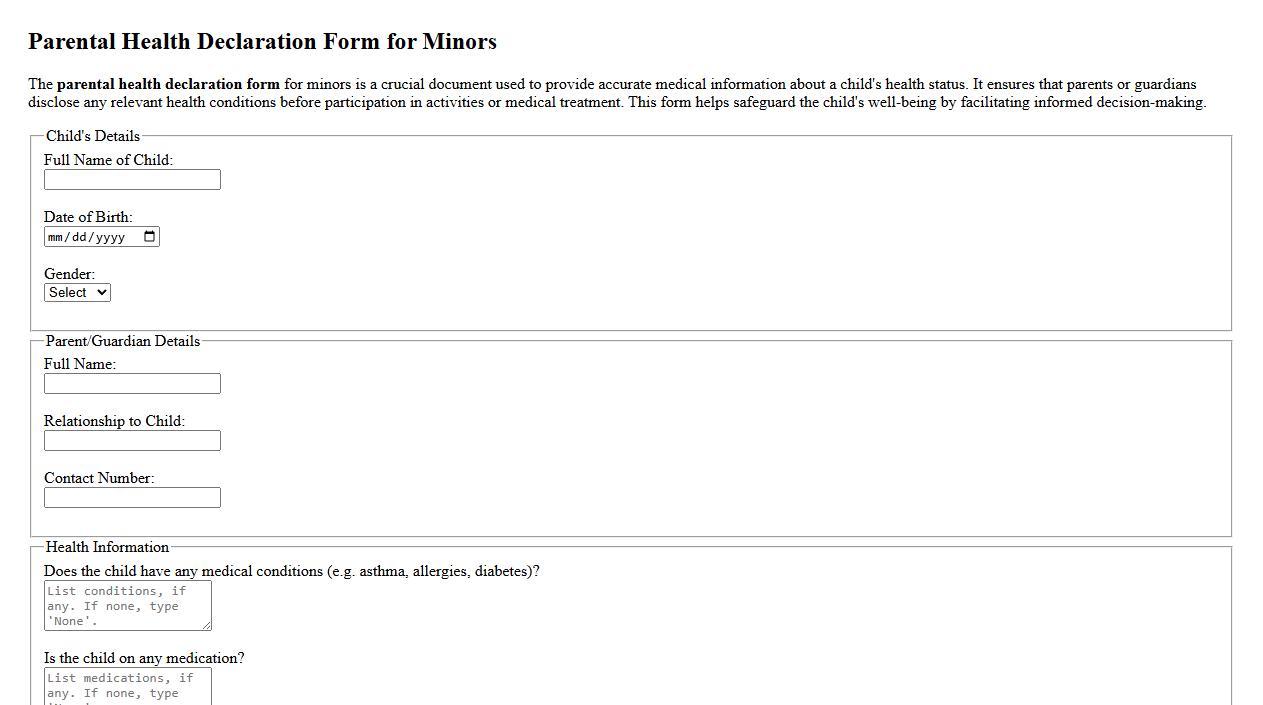 Parental health declaration form sample for minors image preview