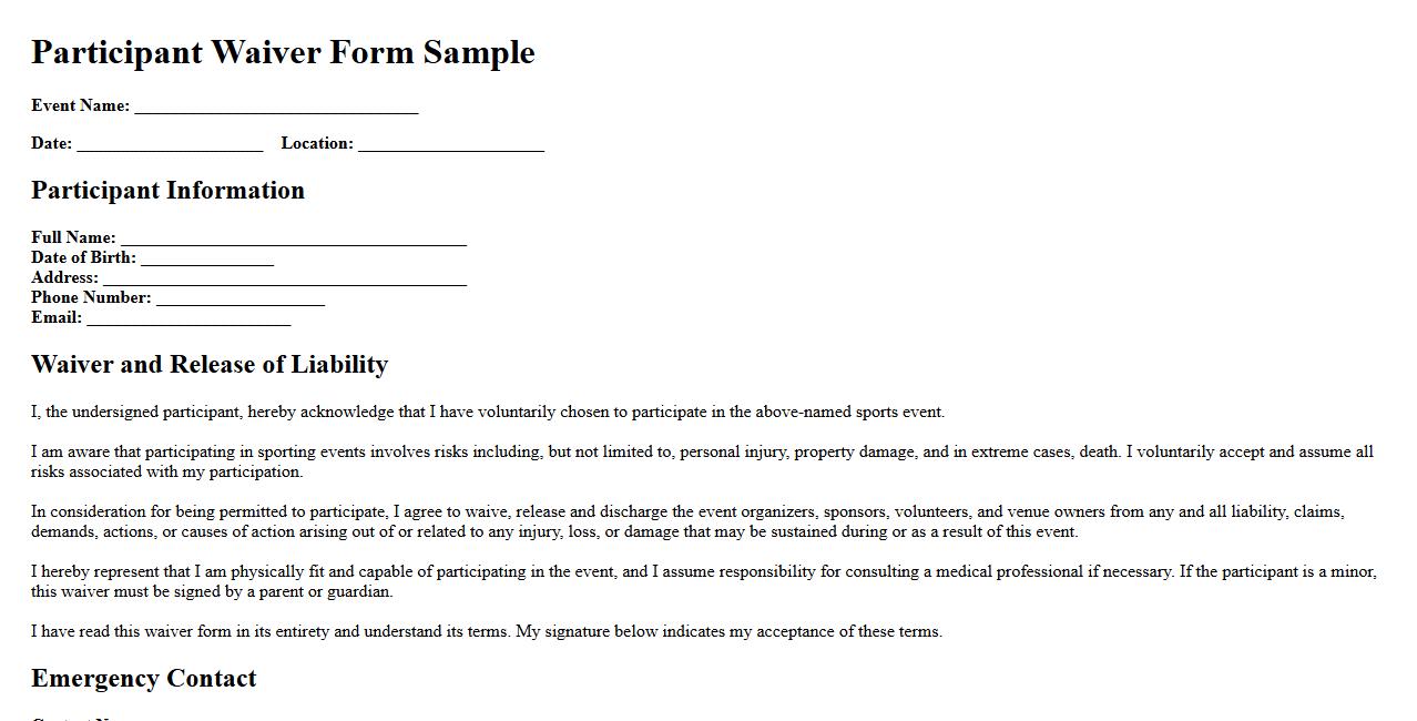 participant waiver form sample for sports events image preview