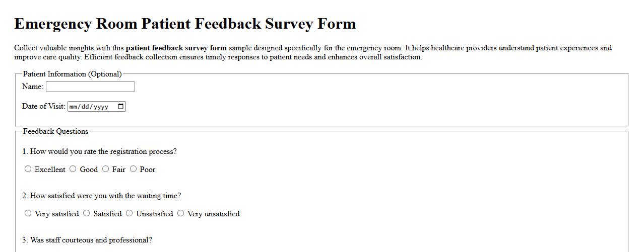 Patient feedback survey form sample for emergency room image preview
