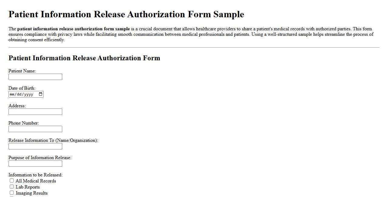 patient information release authorization form sample image preview