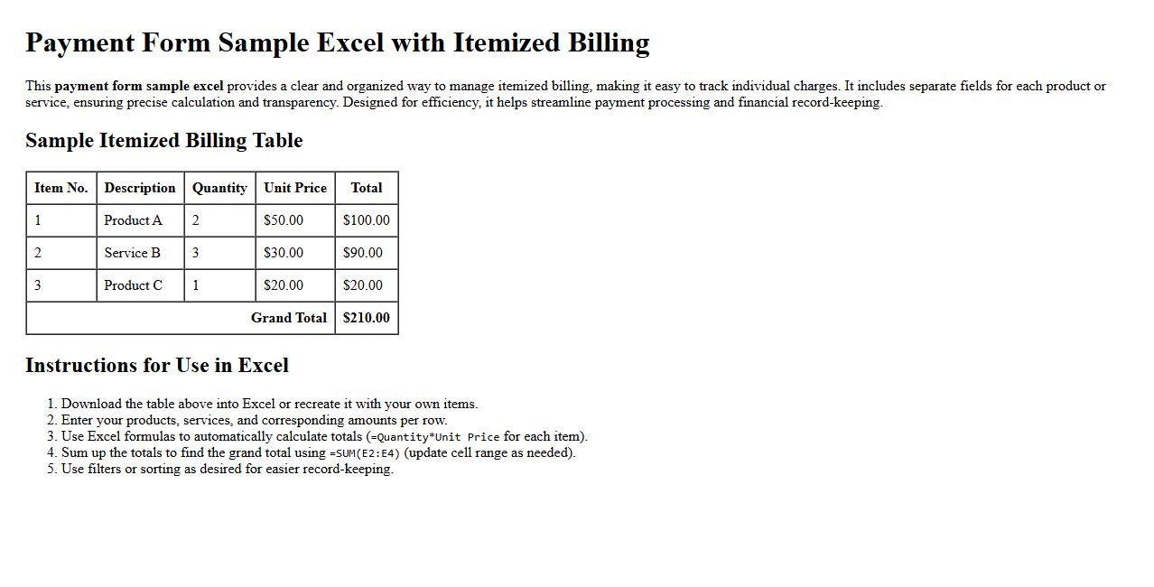 Payment form sample excel with itemized billing image preview