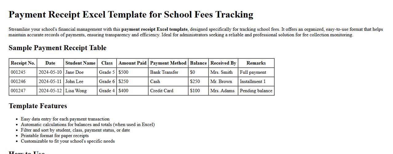 payment receipt excel template for school fees tracking image preview
