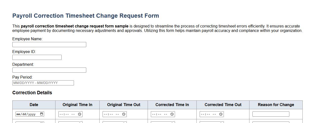 payroll correction timesheet change request form sample image preview