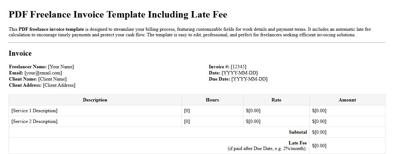 PDF freelance invoice template including late fee image preview