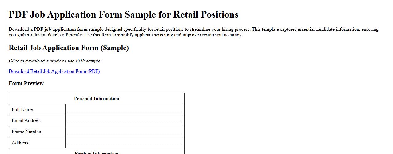 PDF job application form sample for retail positions image preview