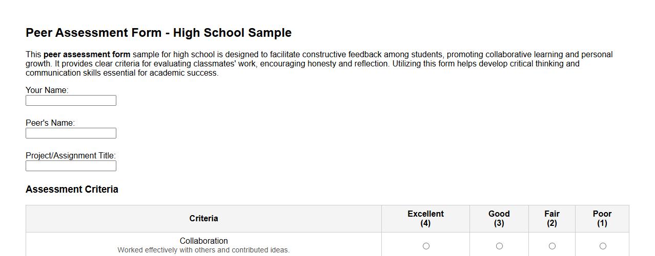 peer assessment form sample for high school image preview