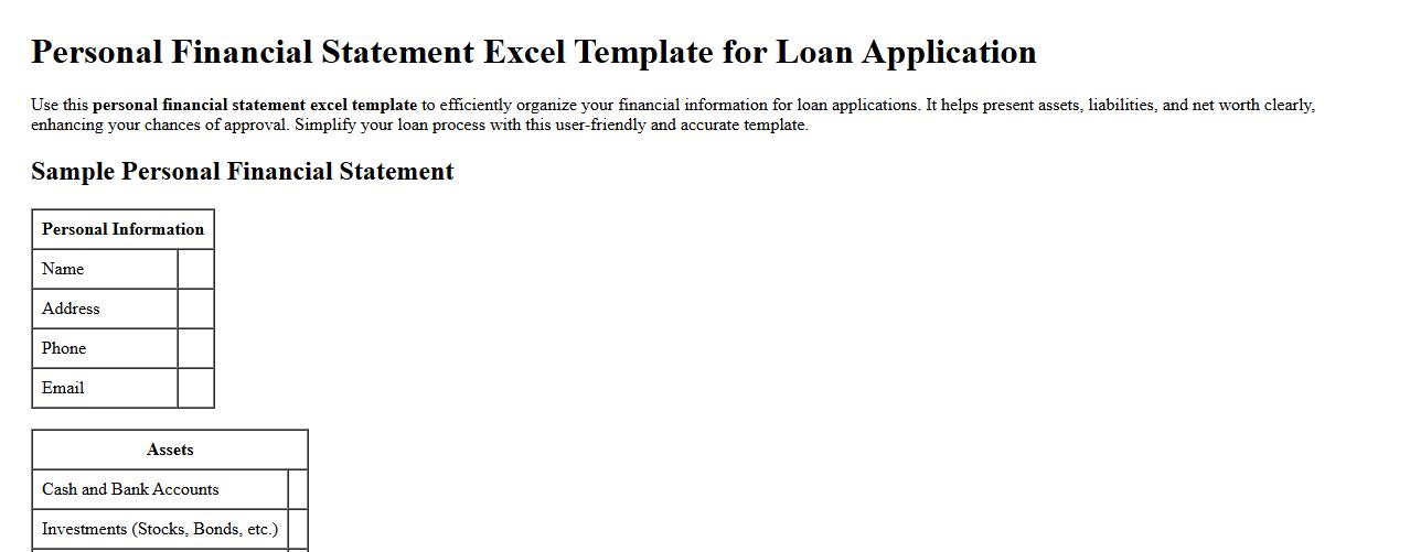 Personal financial statement excel template for loan application image preview