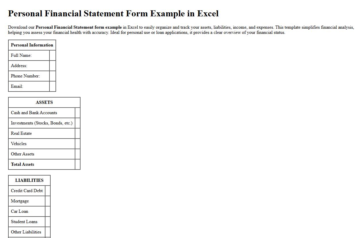 Personal financial statement form example in excel image preview